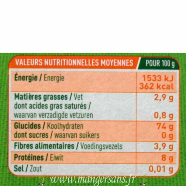 Valeurs nutritionnelles Farfalle riz brun Valpibio
