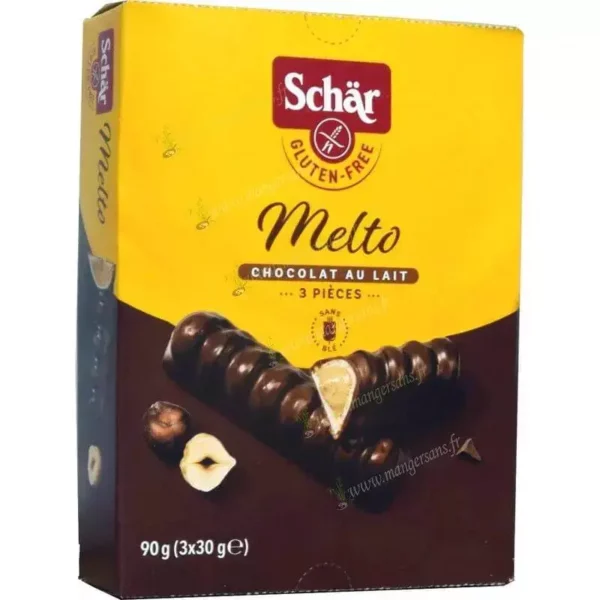 Zoom Biscuit Melto barres enrobées au chocolat au lait fourrées à la crème à la noisette Schar