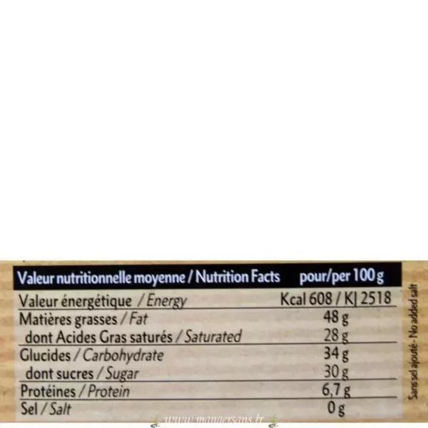 Valeurs nutritionnelles Chocolat noir à cuisiner corsé (71 %) Dardenne