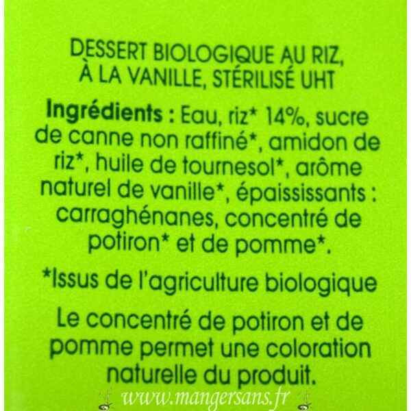 Ingrédients Délice de riz vanille Sojade