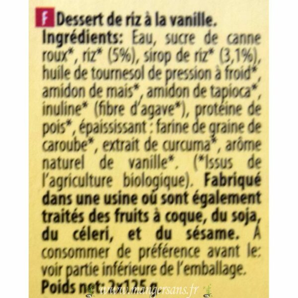 Ingrédients Dessert de riz à la vanille (2 x 125 g.) Naturgreen