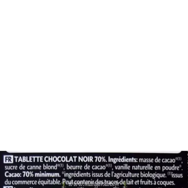 Ingrédients Chocolat Noir 70% Dardenne