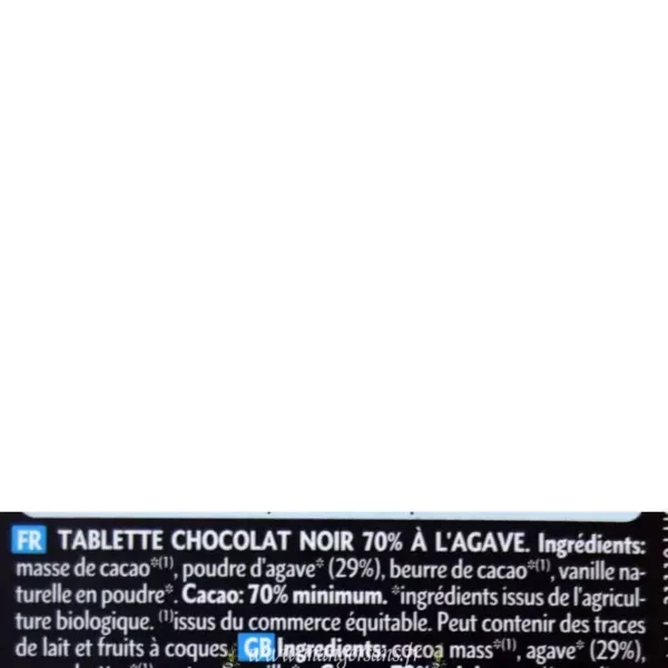 Ingrédients Chocolat Noir diététique à l'agave Dardenne