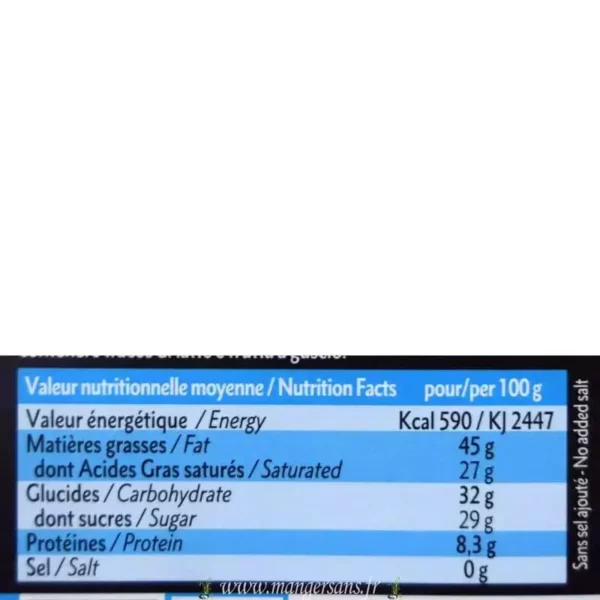 Valeurs nutritionnelles Chocolat Noir diététique à l'agave Dardenne