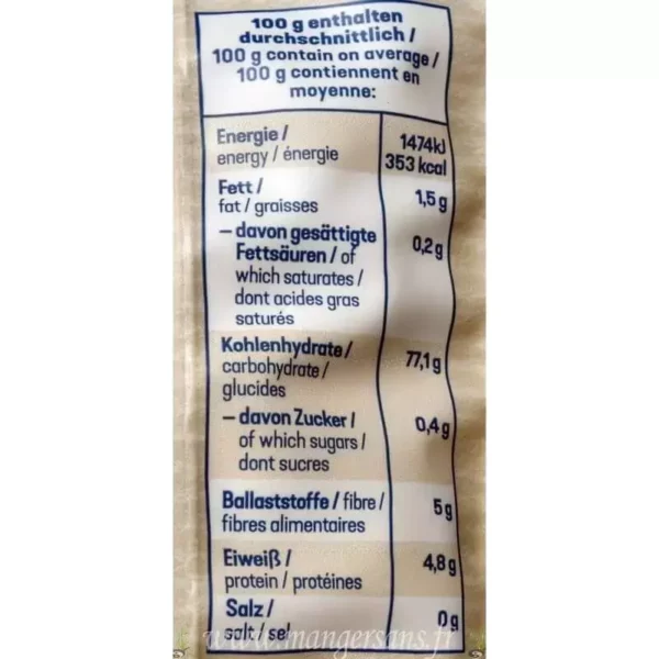 Valeurs nutritionnelles Mix de farine plus Hammer Mühle