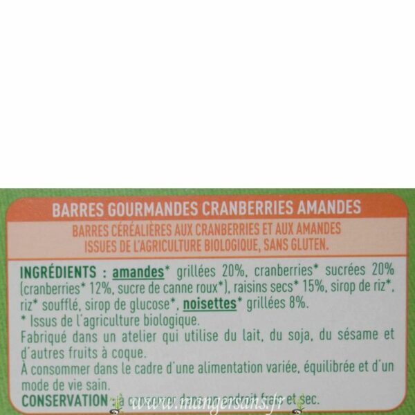 Ingrédients Barres gourmandes cranberries amandes Valpibio