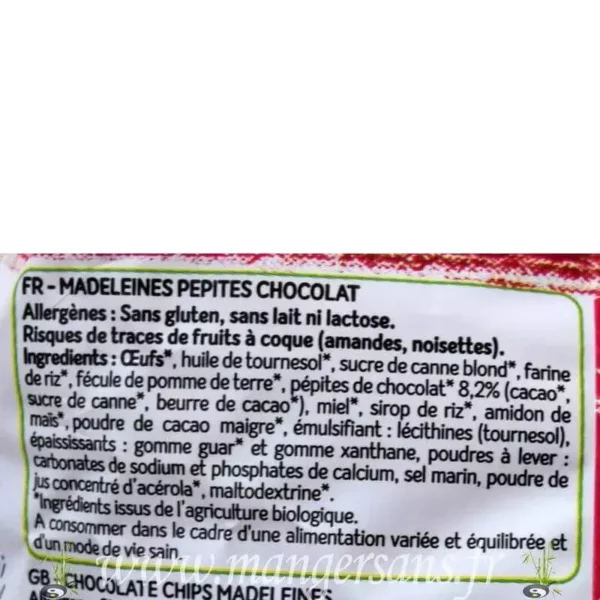 Ingrédients Madeleines pépites chocolat Celiane
