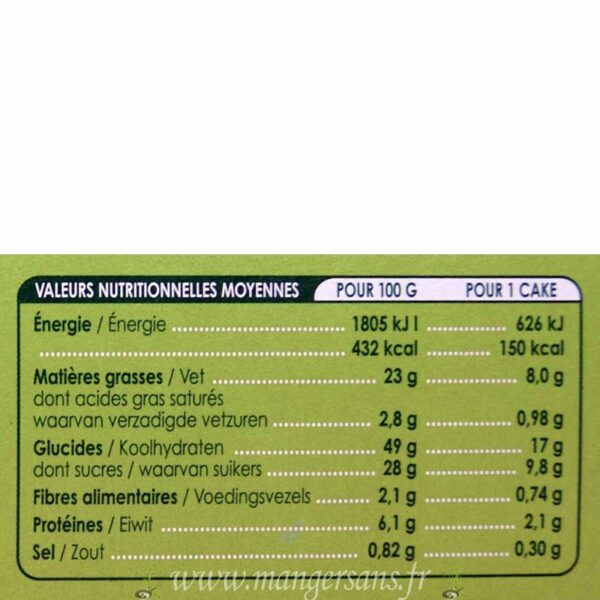 Valeurs nutritionnelles Ptits cakes raisin amande (x 6) Valpibio