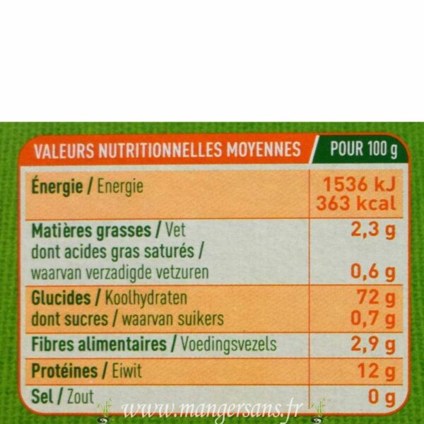 Valeurs nutritionnelles Torsades riz-pois chiches Valpibio