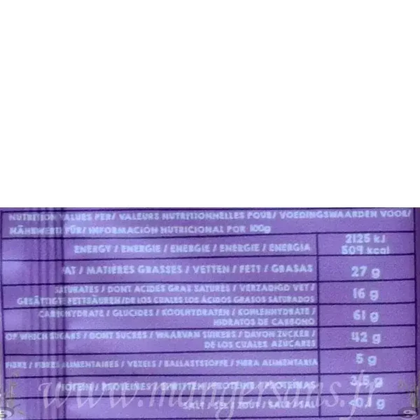 Tablette de chocolat Matatie Valeurs nutritionnelles