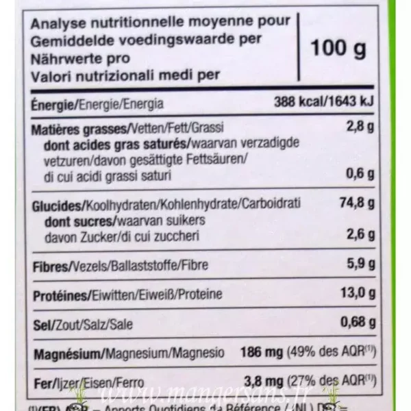 Valeurs nutritionnelles Tartines craquantes au sarrasin (150 g) Le pain des fleurs