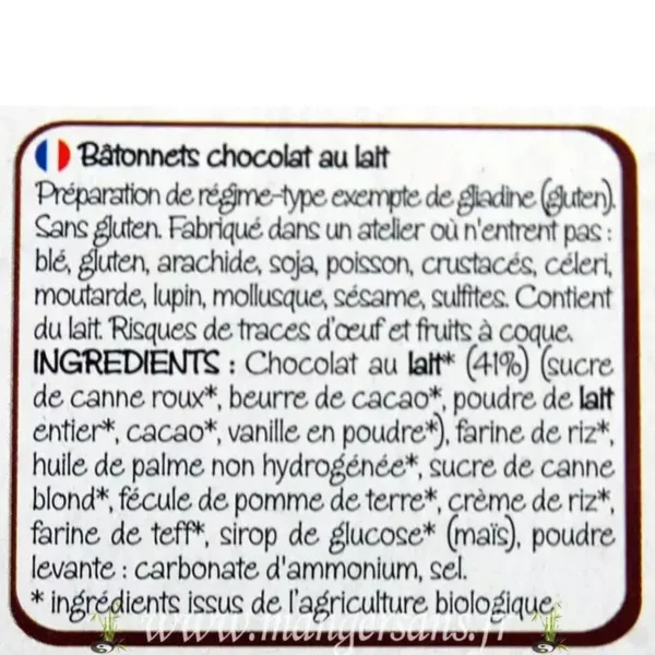 Ingrédients Bâtonnets chocolat au lait Celiane