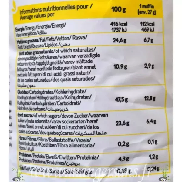 Valeurs nutritionnelles Mini muffins sans gluten citron (x 8) Celiane