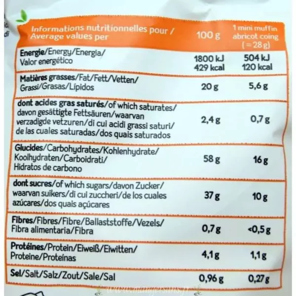 Valeurs nutritionnelles Mini muffins sans gluten confiture d'abricot coing (x 7) Celiane