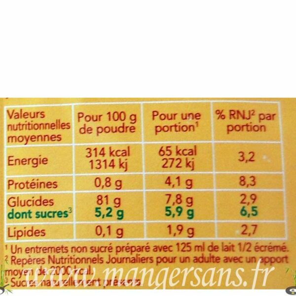 Valeurs nutritionnelles Bioflan vanille sans sucre (2 x 1/4 L) Natali