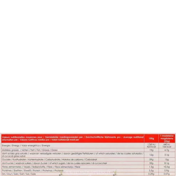 Valeurs nutritionnelles Madeleines pur beurre Nature et Cie