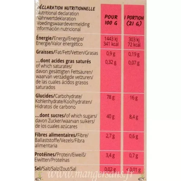 Valeurs nutritionnelles Goûtine au sarrasin framboise Paradeigma