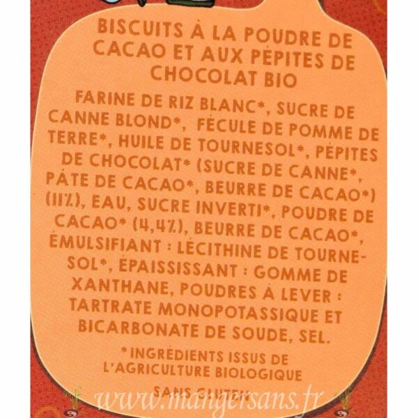Ingrédients Cookies à la poudre de cacao et aux pépites de chocolat bio Matatie