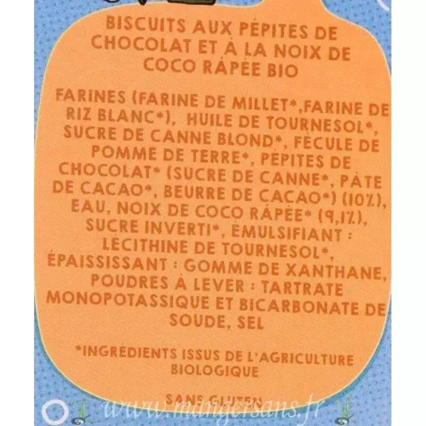 Ingrédients Cookies aux pépites de chocolat et à la noix de coco râpée bio Matatie